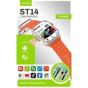 Modio ST14 Smart Watch Ultra 2.2 Inch Full Screen Display With 5G SIM card Support 3 Pair Straps and Wireless Charger For Ladies and Gents 6+64GB
